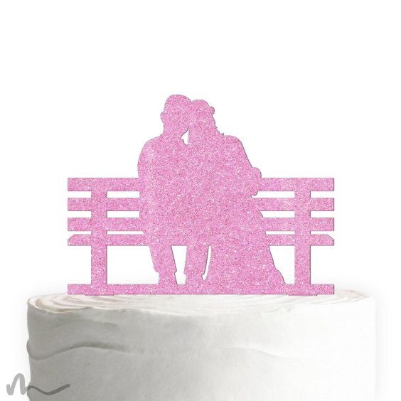 Cake Topper Brautpaar Parkbank Pink Glitzer