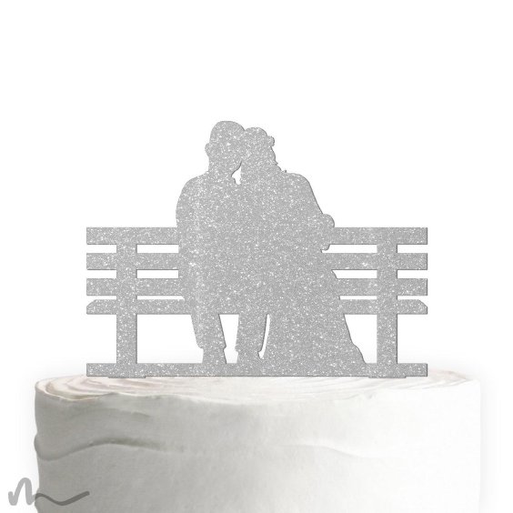 Cake Topper Brautpaar Parkbank Silber Glitzer