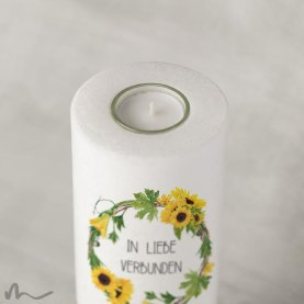 Hochzeitskerze Holzelement Sonnenblumen Ø9 x 25 cm