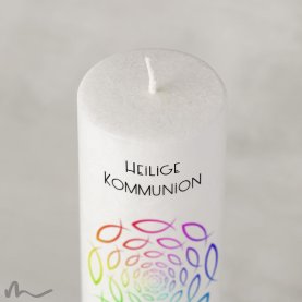 Kommunionkerze Holzelement Docht Regenbogenfische Ø6 x 25 cm