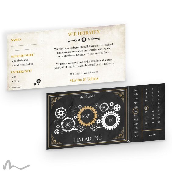 Hochzeitseinladung Steampunk 21 x 10 cm Doppelseitig