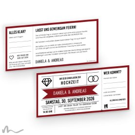 Hochzeitseinladung Wedding Ticket 21 x 10 cm Doppelseitig