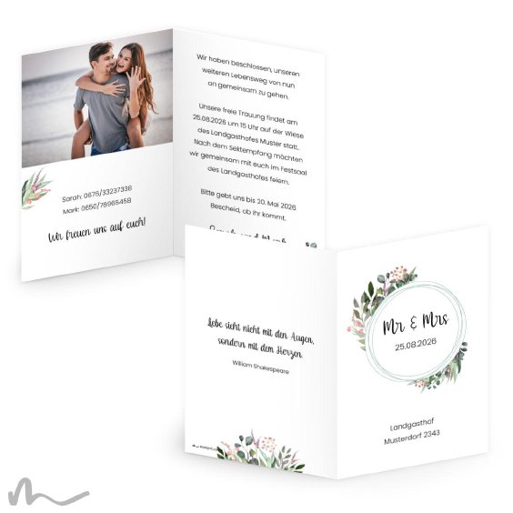 Hochzeitseinladung Blätterprint 10 x 15 cm Klappkarte