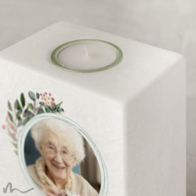 Trauerkerze Blätterprint 10 x 20 cm mit Foto