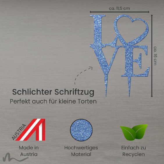 Cake Topper Love Heart Blau Glitzer