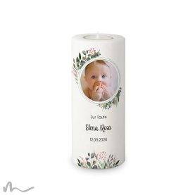 Taufkerze Blätterprint Ø8 x 20 cm mit Foto