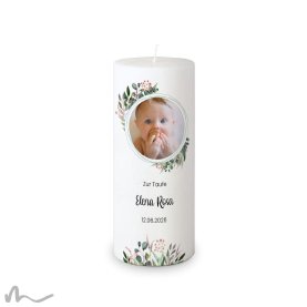 Taufkerze Docht Blätterprint Ø8 x 20 cm mit Foto