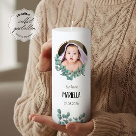 Taufkerze Docht Eukalyptus Ø8 x 20 cm mit Foto