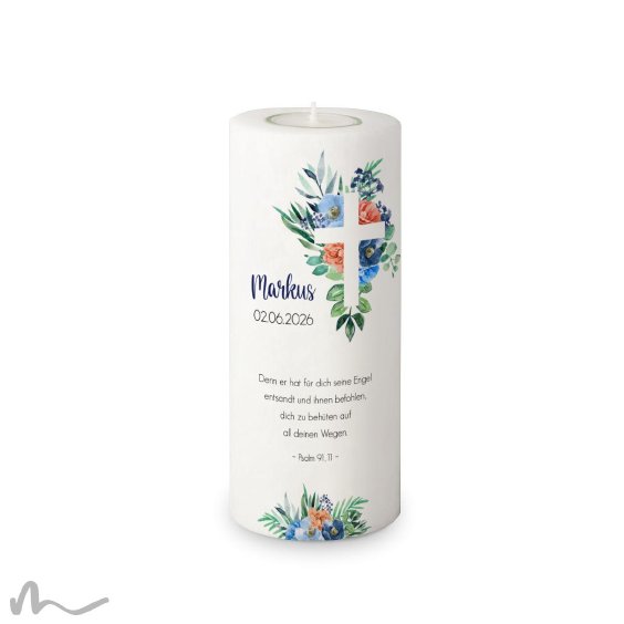 Taufkerze Florales Kreuz Blau Ø8 x 20 cm