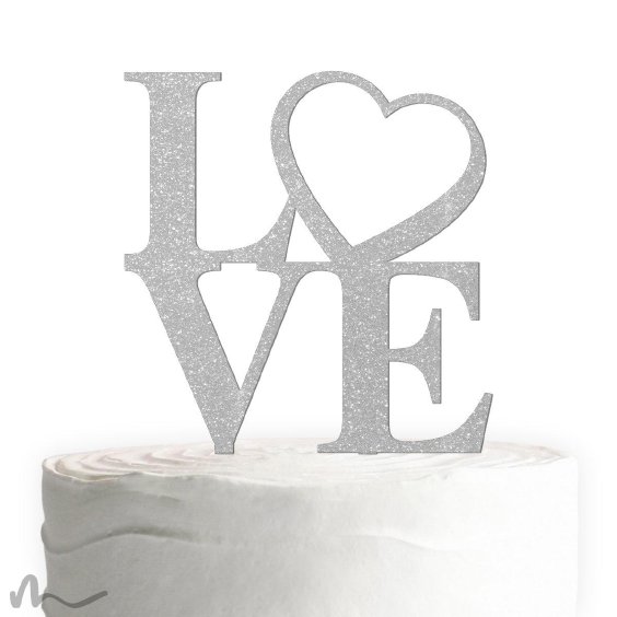 Cake Topper Love Heart Silber Glitzer