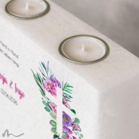 Hochzeitskerze breites Holzelement Florales Kreuz 20 x 20 cm