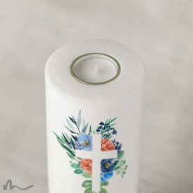 Hochzeitskerze Florales Kreuz Blau Ø9 x 25 cm