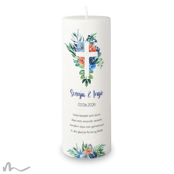 Hochzeitskerze Docht Florales Kreuz Blau Ø9 x 25 cm