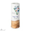 Hochzeitskerze Holzelement Florales Kreuz Blau Ø9 x 25 cm
