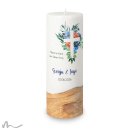 Hochzeitskerze Holzelement Docht Florales Kreuz Blau Ø9 x 25 cm