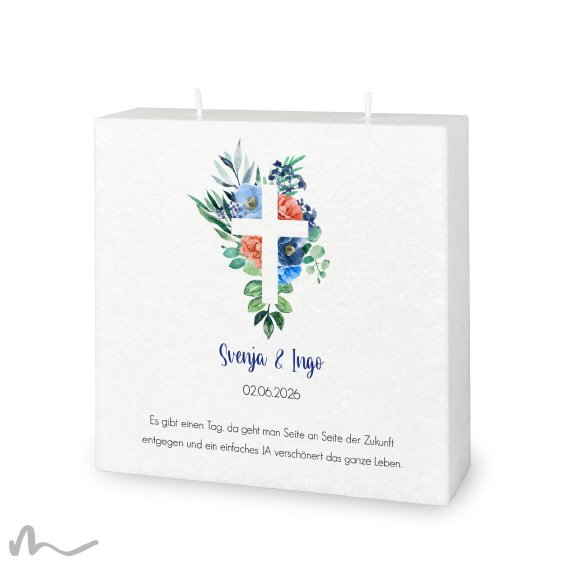 Hochzeitskerze Docht Florales Kreuz Blau 20 x 20 cm
