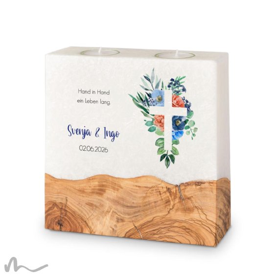 Hochzeitskerze breites Holzelement Florales Kreuz Blau 20 x 20 cm
