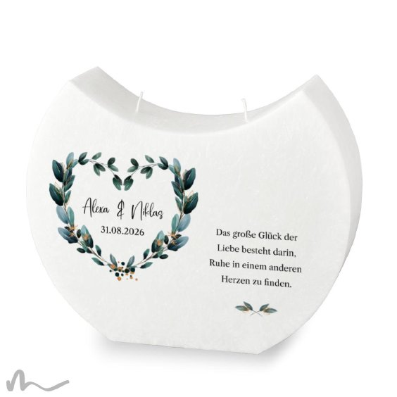 Hochzeitskerze Docht Blätterherz Halbmond 24 x 19 cm