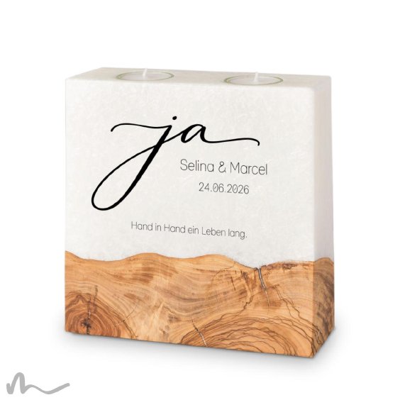 Hochzeitskerze breites Holzelement Ja 20 x 20 cm