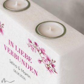 Hochzeitskerze breites Holzelement Magnolie 20 x 20 cm