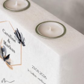 Hochzeitskerze breites Holzelement Zeitlos Elegant 20 x 20 cm