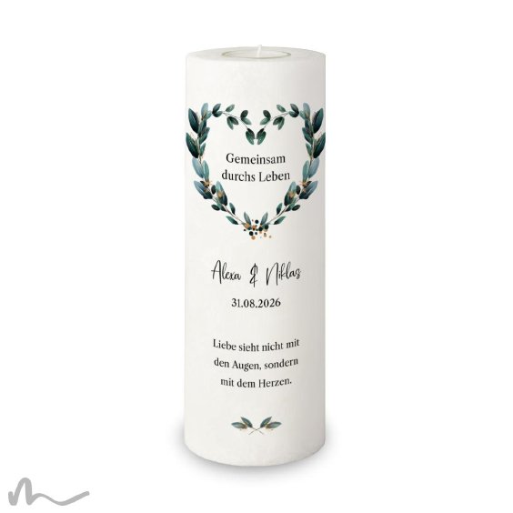 Hochzeitskerze Blätterherz Ø9 x 25 cm
