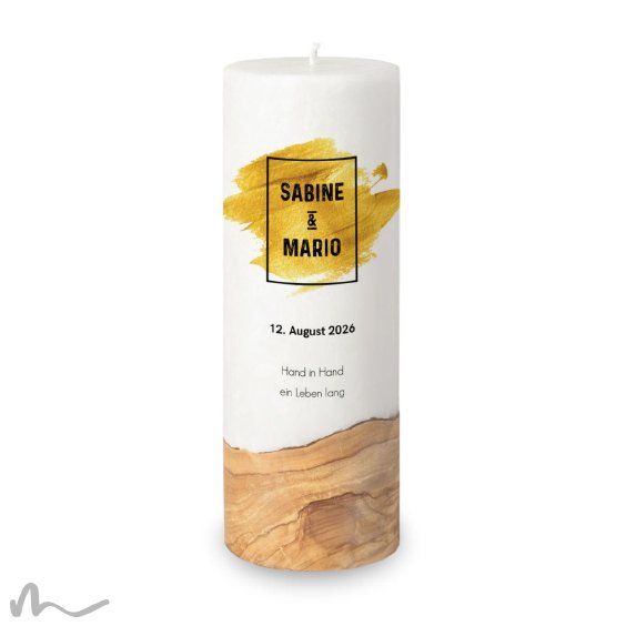 Hochzeitskerze Holzelement Docht Goldene Zeiten Ø9 x 25 cm