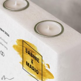 Hochzeitskerze breites Holzelement Goldene Zeiten 20 x 20 cm