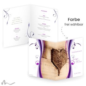 Menükarte Hochzeit Ametrin Holzherz 15 x 21 cm Klappkarte