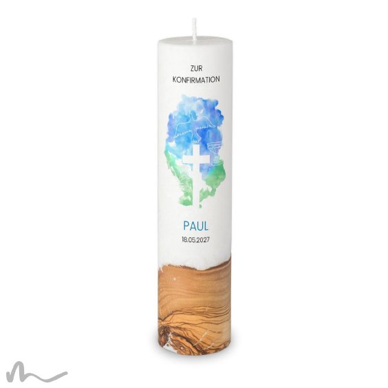 Konfirmationskerze Holzelement Docht Aquatöne Ø6 x 25 cm