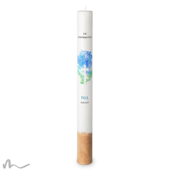 Konfirmationskerze Holzelement Docht Aquatöne Ø4 x 40 cm