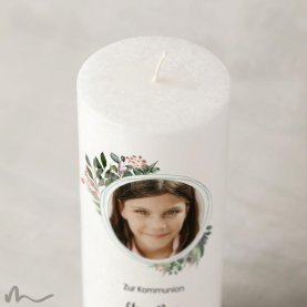 Kommunionkerze Docht Blätterprint Ø8 x 20 cm mit Foto