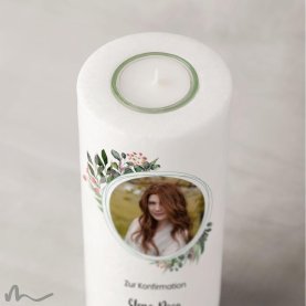 Konfirmationskerze Blätterprint Ø8 x 20 cm mit Foto