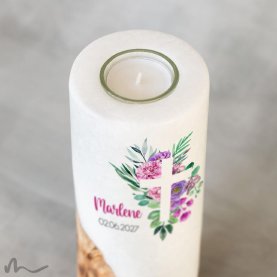 Kommunionkerze Holzelement Florales Kreuz Ø8 x 20 cm