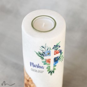 Kommunionkerze Holzelement Florales Kreuz Blau Ø8 x 20 cm