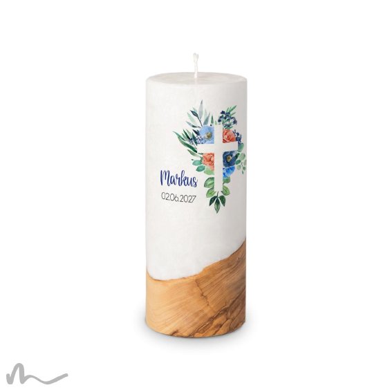 Kommunionkerze Holzelement Docht Florales Kreuz Blau Ø8 x 20 cm