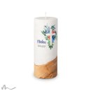 Kommunionkerze Holzelement Docht Florales Kreuz Blau Ø8 x 20 cm