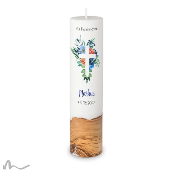 Konfirmationskerze Holzelement Docht Florales Kreuz Blau Ø6 x 25 cm