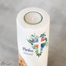 Konfirmationskerze Holzelement Florales Kreuz Blau Ø8 x 20 cm