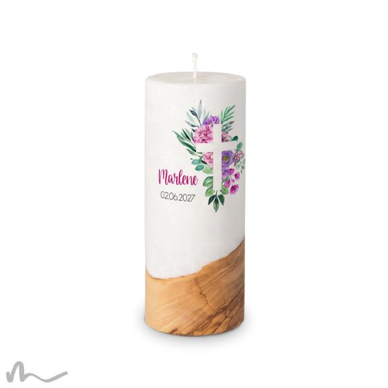 Konfirmationskerze Holzelement Docht Florales Kreuz Ø8 x 20 cm