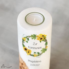 Kommunionkerze Holzelement Sonnenblumen Ø8 x 20 cm