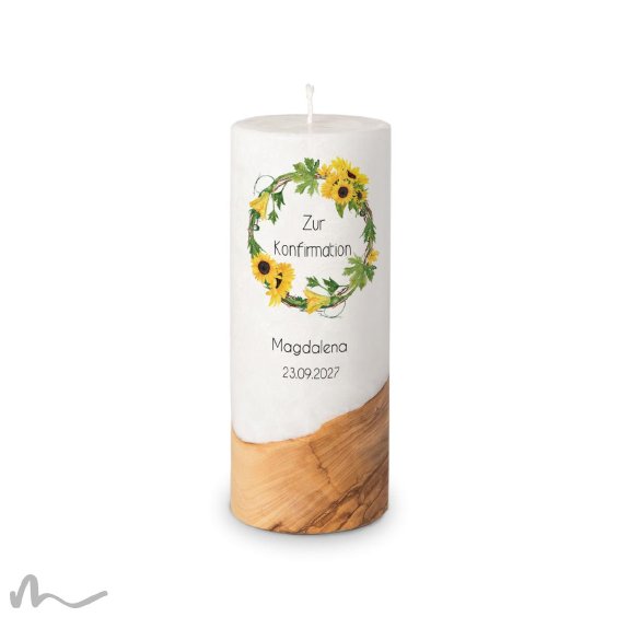 Konfirmationskerze Holzelement Docht Sonnenblumen Ø8 x 20 cm