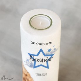 Kommunionkerze Holzelement Sternenmeer Ø8 x 20 cm