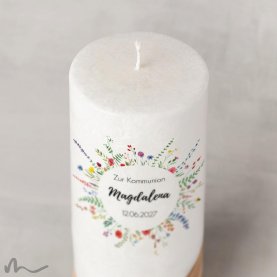 Kommunionkerze Holzelement Docht Wiesenblumen Ø8 x 20 cm