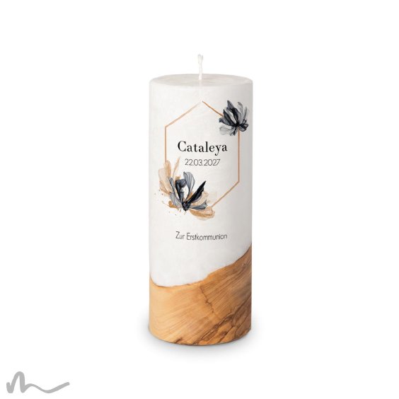 Kommunionkerze Holzelement Docht Zeitlos Elegant Ø8 x 20 cm