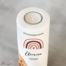 Kommunionkerze Holzelement Regenbogen Erdtöne Ø8 x 20 cm