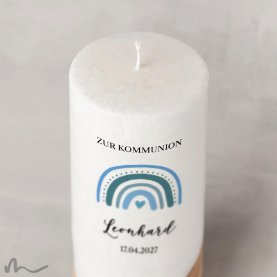 Kommunionkerze Holzelement Docht Regenbogen Blautöne Ø8 x 20 cm