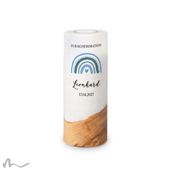 Konfirmationskerze Holzelement Regenbogen Blautöne Ø8 x 20 cm