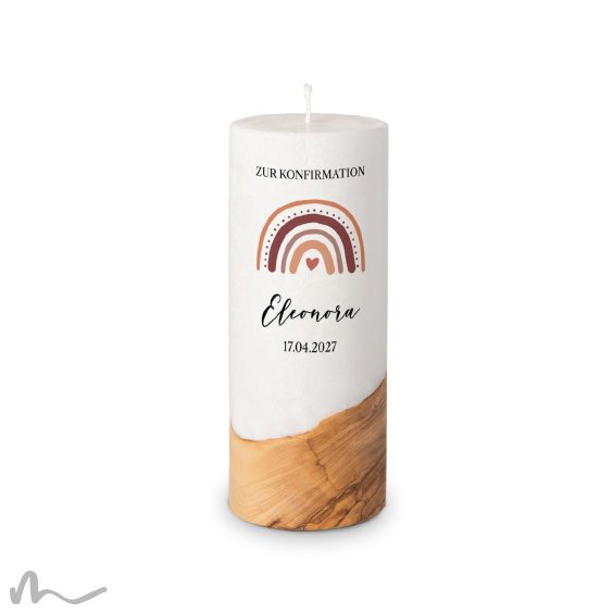 Konfirmationskerze Holzelement Docht Regenbogen Erdtöne Ø8 x 20 cm