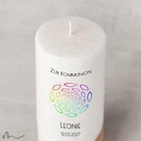 Kommunionkerze Holzelement Docht Regenbogenfische Ø8 x 20 cm